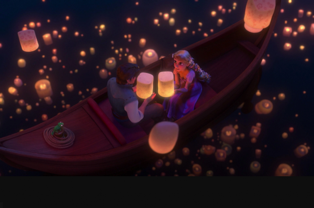 Fig. 5 Pascal sitting on the front of the boat and Rapunzel in the back in Tangled