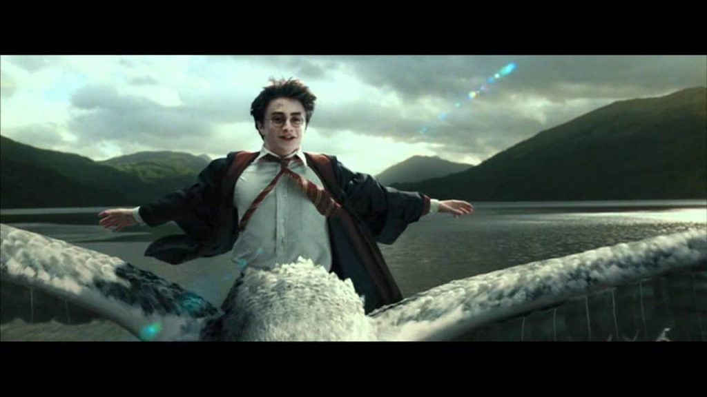 Harry, with arms outstretched, mirrors Buckbeak