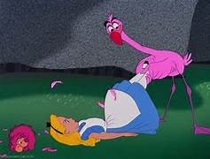 In an animated scene, Alice serves as a croquet club for a flamingo, illustrating the fantastical and absurd nature of Wonderland's croquet game.